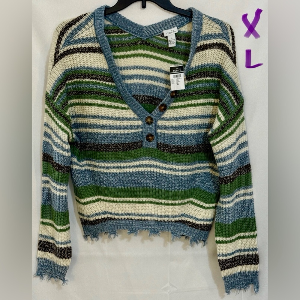 Rue21 Green and Blue V-Neck Sweater with Stripes